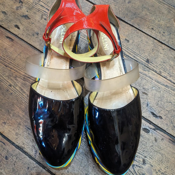 POLLINI PLATFORM STRAP SHOES PATENT BLACK WITH MULTI COLOR STORM