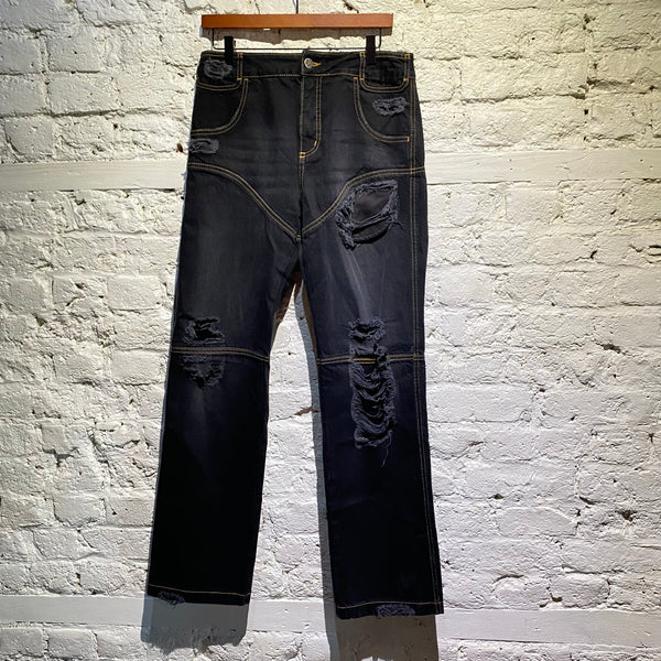 TELFAR BLACK DISTRESSED JEANS WITH PANELLED SEAMS