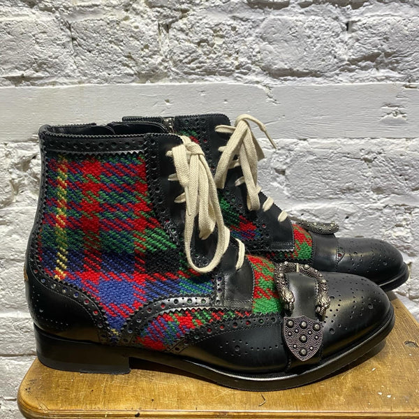 GUCCI BLACK LEATHER/TARTAN BUCKLE TOE BOOTS