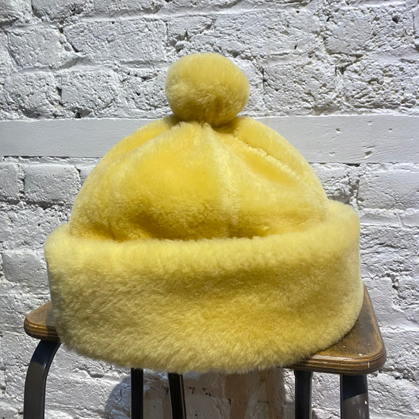 LANVIN YELLOW SHEARLING BOBBLE HAT