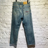 MARTINE ROSE BLUE WASHED JEANS WITH RED EMBROIDERY