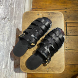 ANCIENT GREEK SANDALS BLACK LEATHER SLIP ON SANDALS