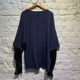 DRIES VAN NOTEN NAVY L/S WITH BLACK RUCHED SATIN SLEEVES