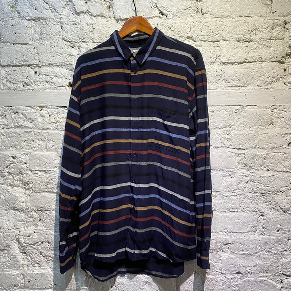 HENRIK VIBSKOV NAVY WOOL STRIPED WOOL MIX BUTTON UP SHIRT