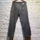 AIMÉ LEON DORE CHARCOAL WORKWEAR TROUSERS WITH BROWN STITCHING