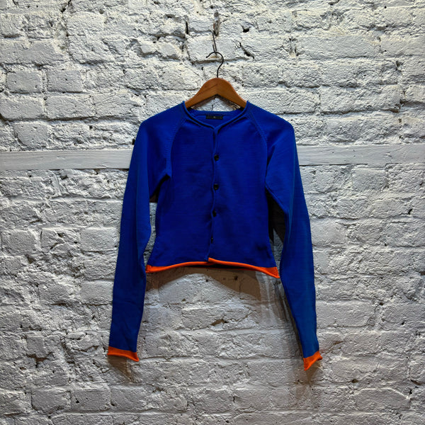 YOHJI YAMAMOTO	Y'S ELECTRIC BLUE KNIT CARDIGAN ORANGE HEM