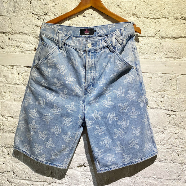 VIVIENNE WESTWOOD X PALACE SKATEBOARDS ORB PRINTED BLUE DENIM SHORTS