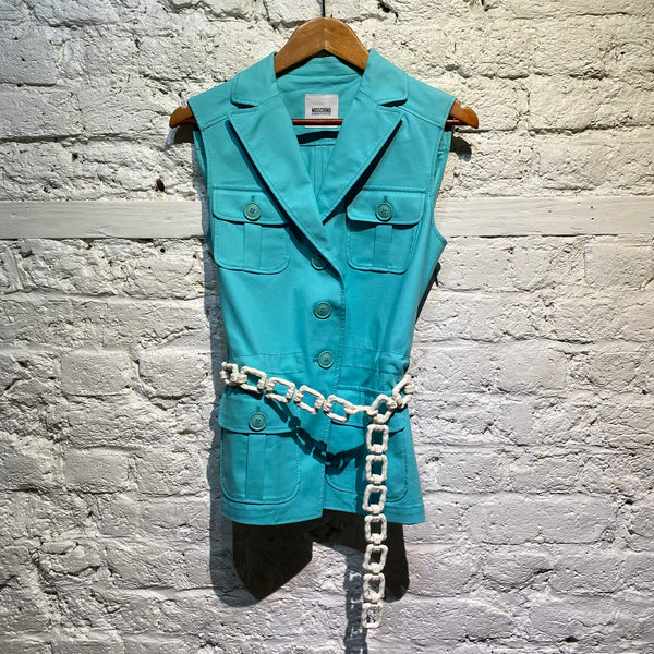 MOSCHINO CHEAP & CHIC TURQUOISE WAISTCOAT WITH WHITE BELT