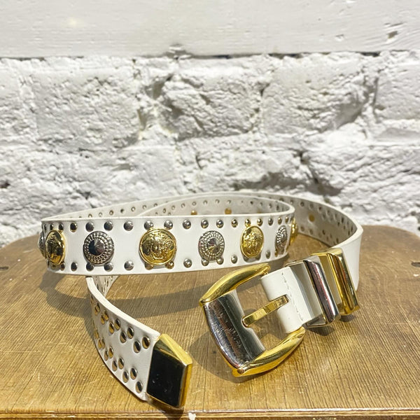 GIANNI VERSACE VINTAGE WHITE LEATHER STUDDED BELT