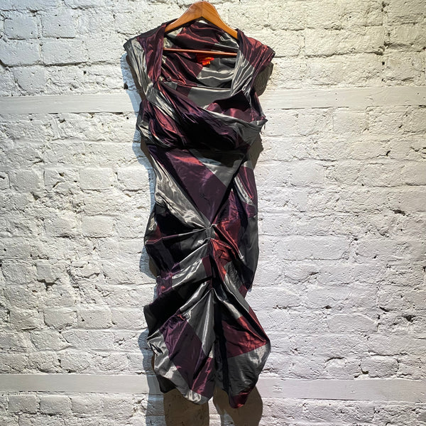 VIVIENNE WESTWOOD RED LABEL BURGUNDY/SILVER STRIPED STRUCTURED DRESS
