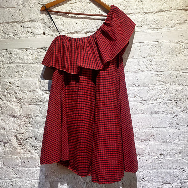 RED VALENTINO GINGHAM OFF THE SHOULDER MINI DRESS