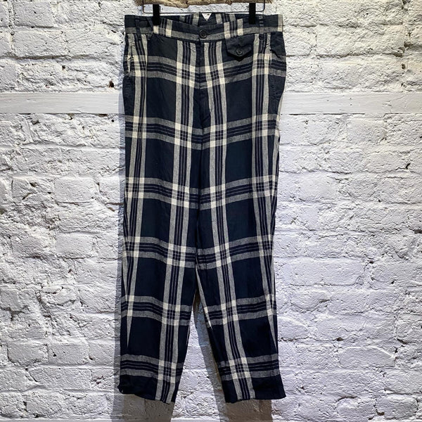 VIVIENNE WESTWOOD NAVY/CREAM CHECK LINEN TROUSERS SS19
