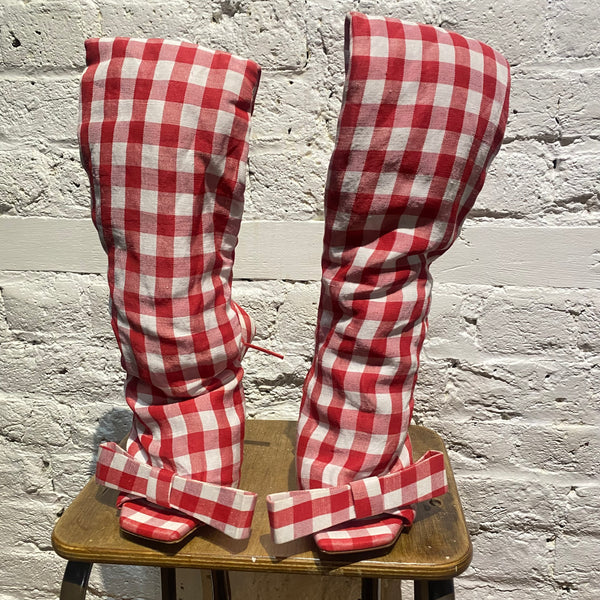 ACNE STUDIOS RED/WHITE GINGHAM PEEPTOE HEELS