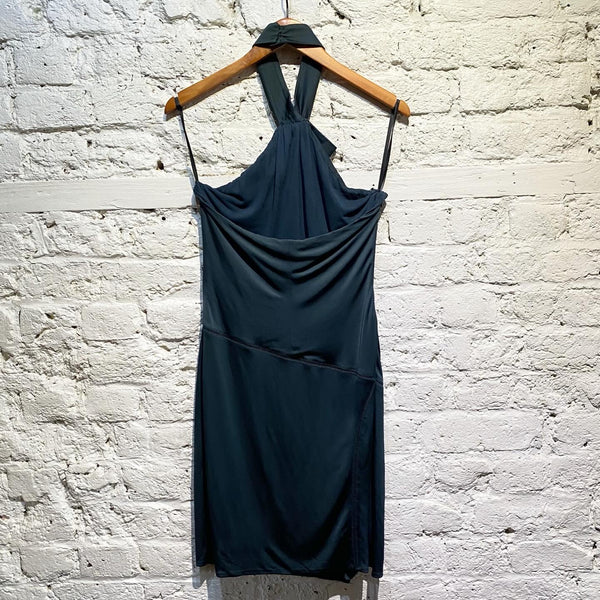 GUCCI VINTAGE TEAL GREEN SATIN HALTER NECK DRESS
