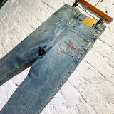 MARTINE ROSE BLUE WASHED JEANS WITH RED EMBROIDERY