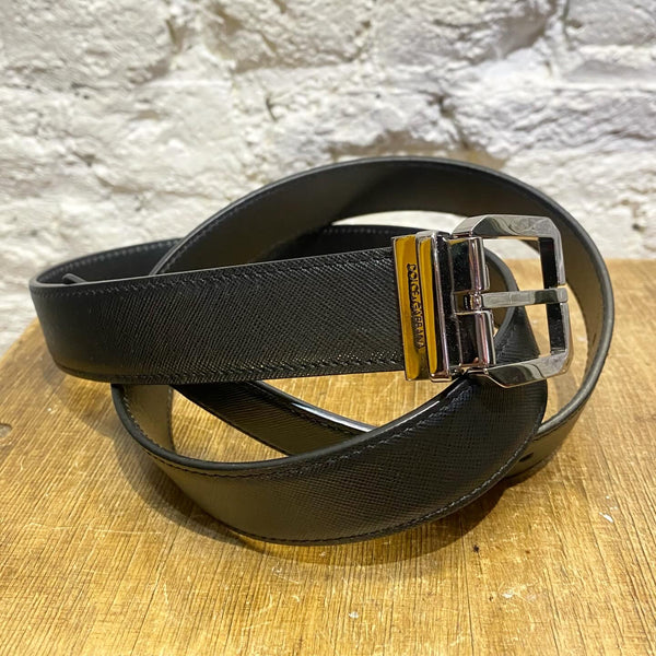 DOLCE & GABBANA BLACK LEATHER MENS BELT WITH SILVER BUCKLE
