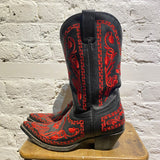 BUFFALO BLACK LEATHER COWBOY BOOTS WITH RED STITCHING