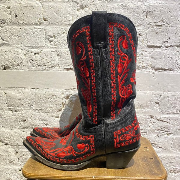 BUFFALO BLACK LEATHER COWBOY BOOTS WITH RED STITCHING