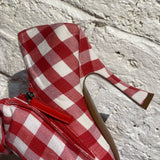 ACNE STUDIOS RED/WHITE GINGHAM PEEPTOE HEELS