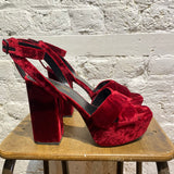 SAINT LAURENT RED VELVET PLATFORM HEELS