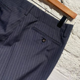 JUNYA WATANABE COMME DES GARÇONS NAVY PINSTRIPED POLY/WOOL TROUSERS