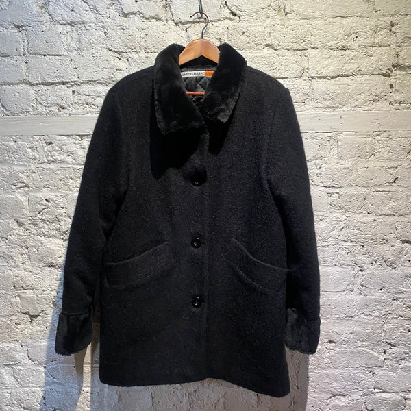CASTELBAJAC BLACK COAT WITH FAUX FUR TRIM