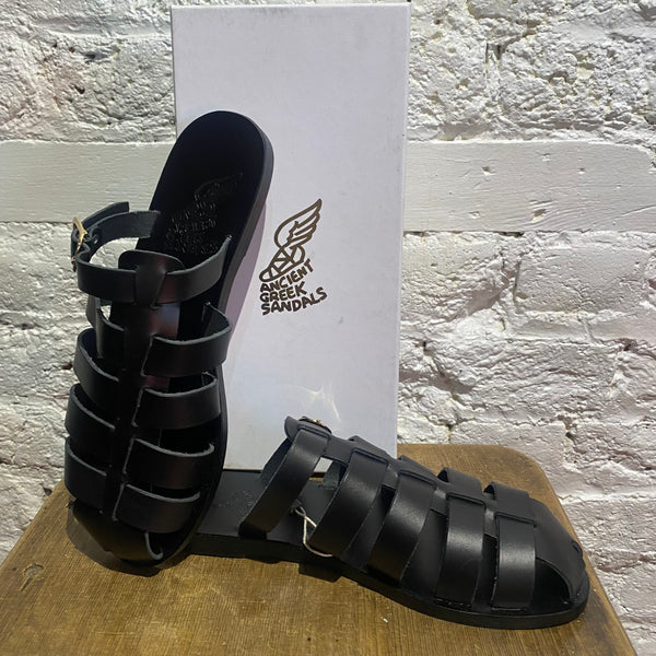 ANCIENT GREEK SANDALS BLACK LEATHER SLIP ON SANDALS