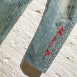 MARTINE ROSE BLUE WASHED JEANS WITH RED EMBROIDERY