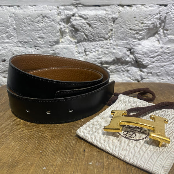 HERMES VINTAGE “H” BLACK LEATHER BELT