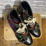 GUCCI BLACK LEATHER/TARTAN BUCKLE TOE BOOTS
