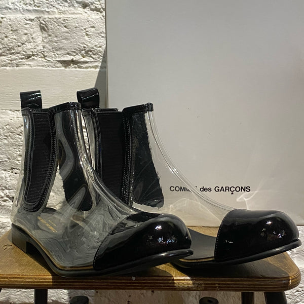 COMME DES GARÇONS BLACK/CLEAR PVC/LEATHER ANKLE BOOTS