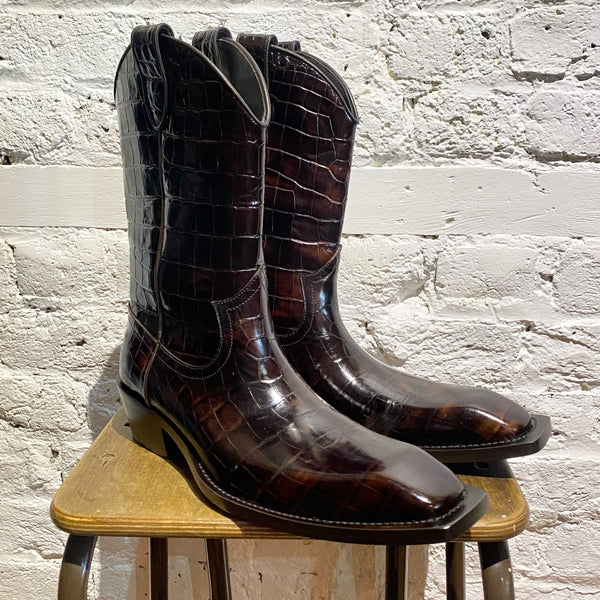 MARTINE ROSE BROWN MOCK-CROC LEATHER COWBOY BOOTS