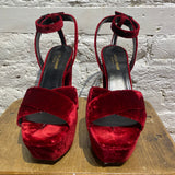 SAINT LAURENT RED VELVET PLATFORM HEELS