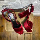 SAINT LAURENT RED VELVET PLATFORM HEELS