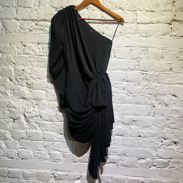 16ARLINGTON BLACK RUCHED PUFF SLEEVE CREPE MINI DRESS