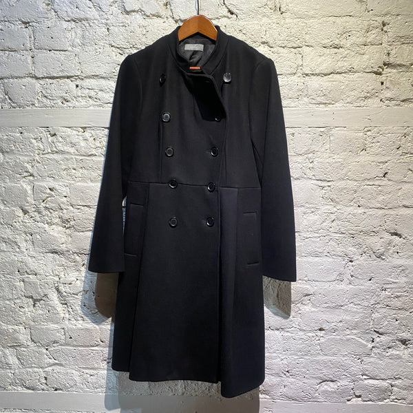NICOLE FARHI BLACK WOOL DOUBLE BREASTED MILITARY COAT WITH BACK PINCH PLEATS