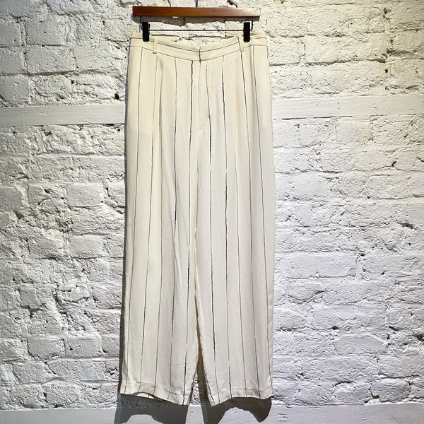 JOSEPH MATTE SILK CREAM/BLUE STRIPE PRINTED TROUSERS