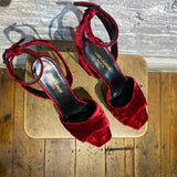 SAINT LAURENT RED VELVET PLATFORM HEELS