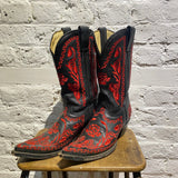 BUFFALO BLACK LEATHER COWBOY BOOTS WITH RED STITCHING
