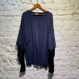 DRIES VAN NOTEN NAVY L/S WITH BLACK RUCHED SATIN SLEEVES