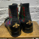 GUCCI BLACK LEATHER/TARTAN BUCKLE TOE BOOTS