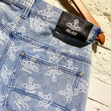 VIVIENNE WESTWOOD X PALACE SKATEBOARDS ORB PRINTED BLUE DENIM SHORTS
