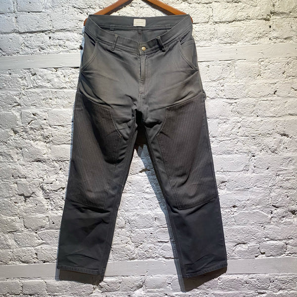 AIMÉ LEON DORE CHARCOAL WORKWEAR TROUSERS WITH BROWN STITCHING
