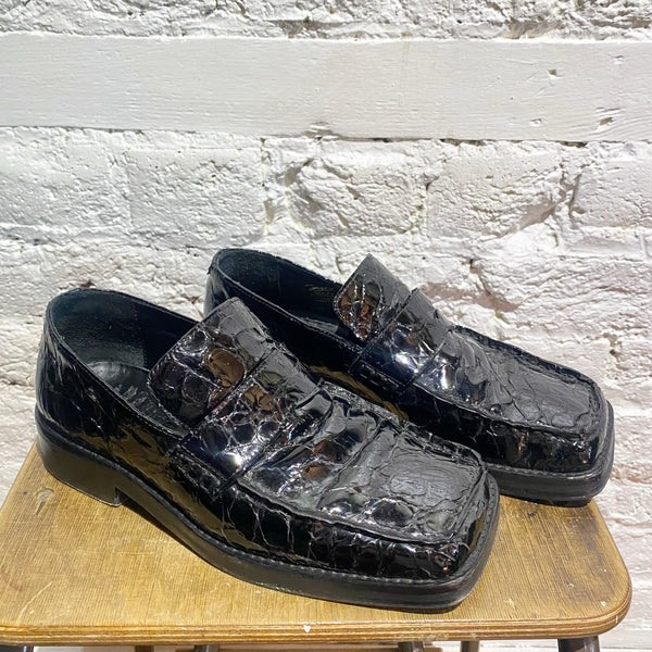 MARTINE ROSE “ROXY” BLACK EMBOSSED MOCK CROC LEATHER LOAFERS