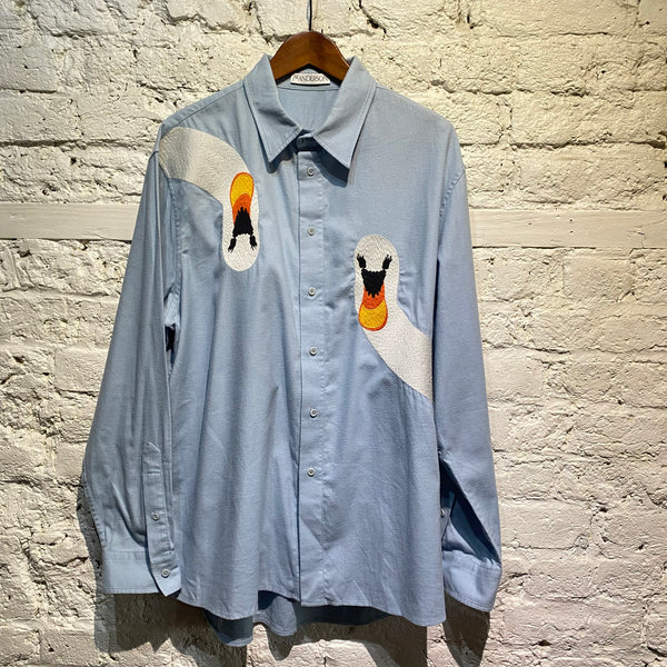 JW ANDERSON LIGHT BLUE SHIRT WITH EMBROIDERED SWANS
