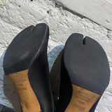 MARGIELA 22 BLACK SATIN TABI ANKLE STILETTO BOOTS