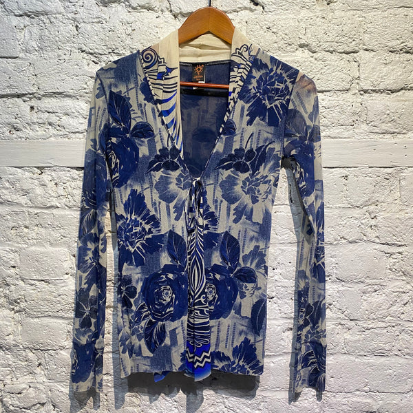 JEAN PAUL GAULTIER SOLEIL BLUE WHITE MESH WRAP CARDIGAN