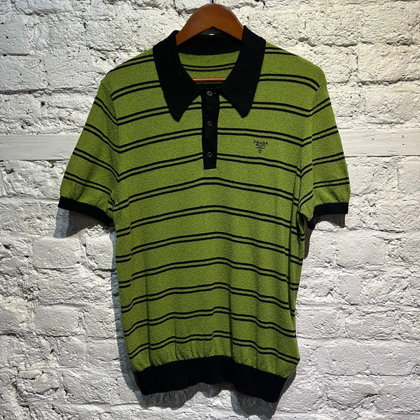 PRADA GREEN STRIPE KNIT POLO