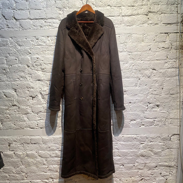 NICOLE FARHI LONG BROWN SHEEPSKIN COAT