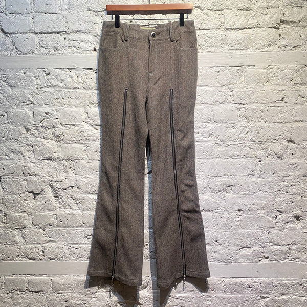 ANDERSSON BELL GREY/TAUPE HERRINGBONE WOOL ZIP UP BELL TROUSERS